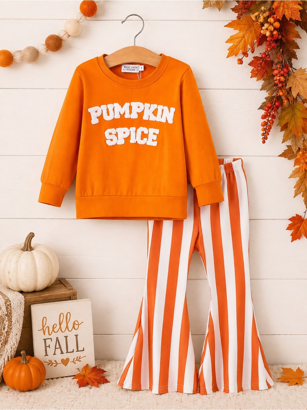 New Rylee Faith Designs Chenille Pumpkin Spice Bell Bottom Outfit Girls Size 6